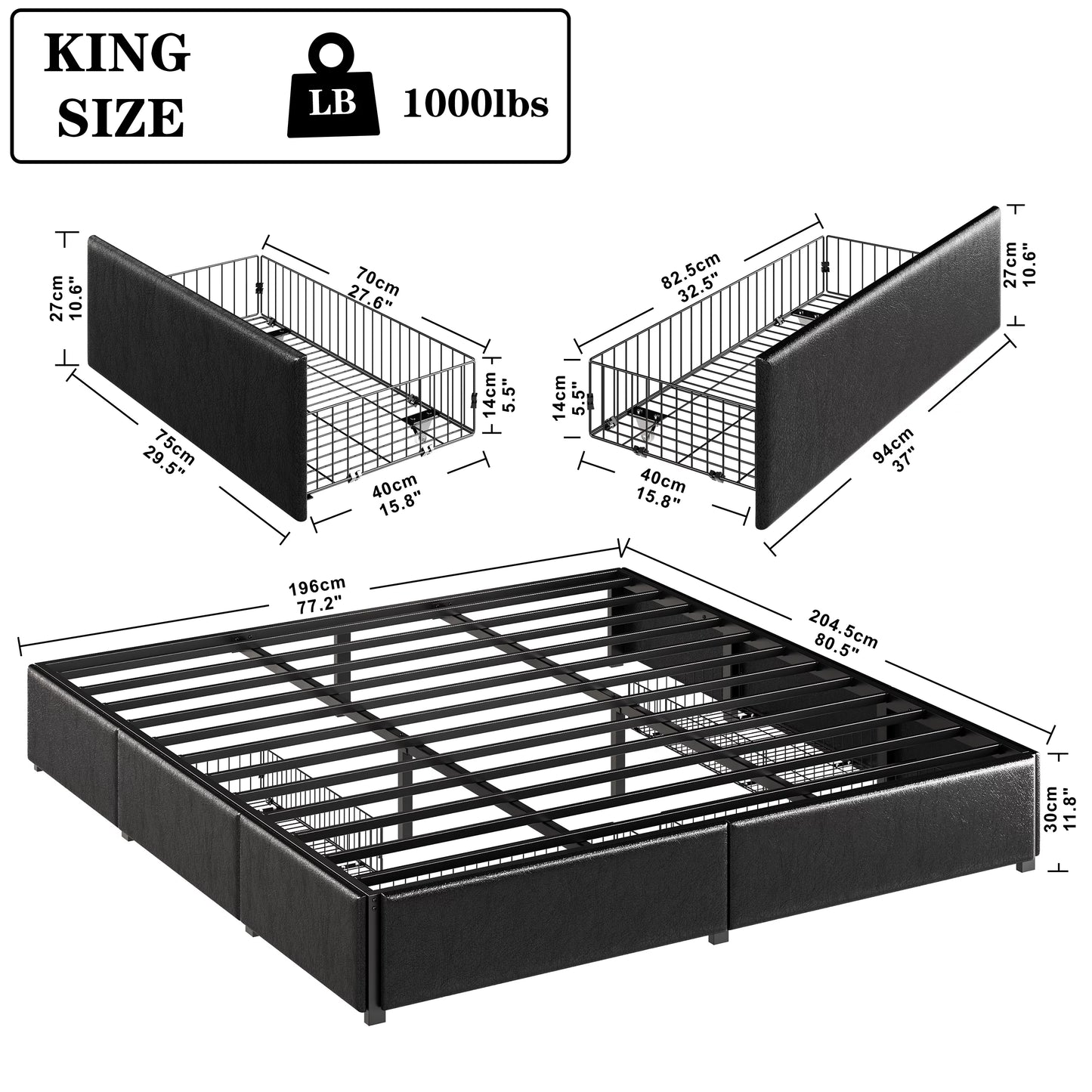 ANCTOR King Bed Frame with 4 Drawers, Upholstered Platform Bed, Bed with Storage No Box Spring Needed,Metal Slats Support, Easy Assembly