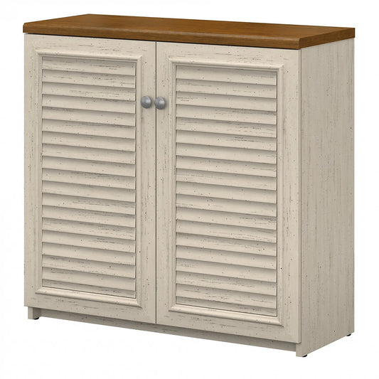 Bush Furniture Fairview Small Storage Cabinet with Doors in Antique White and Tea Maple