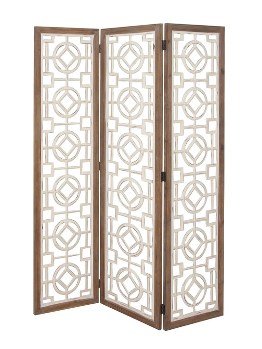 DecMode 28" x 31" Light Brown Wood 1 Shelf and 2 Door Geometric Cabinet with Carved Relief Overlay, 1-Piece
