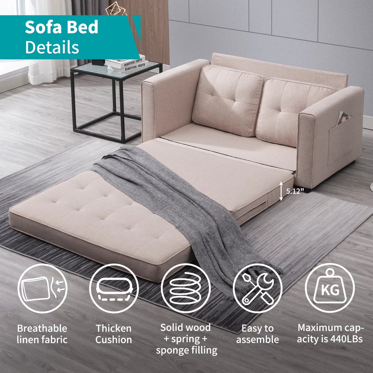 BALUS Sofa Bed, Upholstered Love-seat Couch,futon sofa sleeper, Living room Furniture sofa couch, Pull out sofa bed, Convertible Folding sofa for Living Room, Apartment, Light Grey