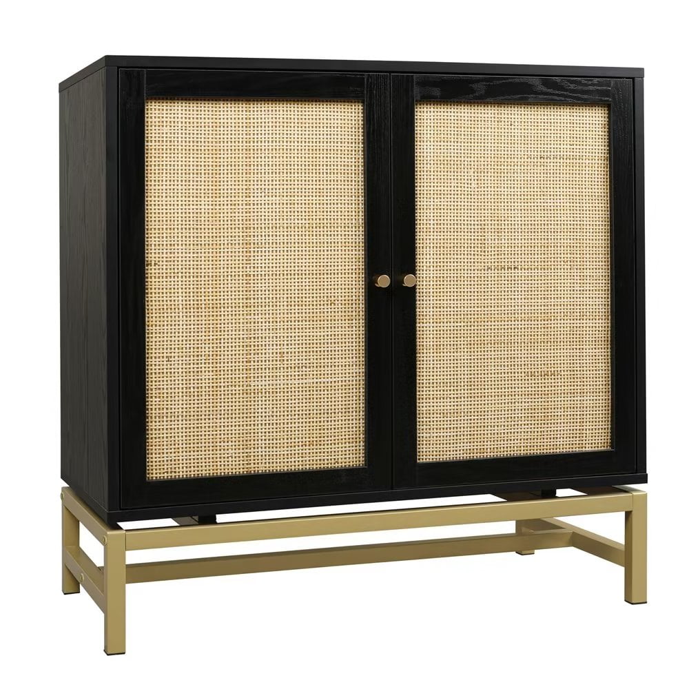 31.5inch Storage Cabinet, Accent Cabinet with Rattan Decorated Doors and 1 Adjustable Inner Shelves, Sideboard Buffet Table for Living Room Hallway and Kitchen, Black