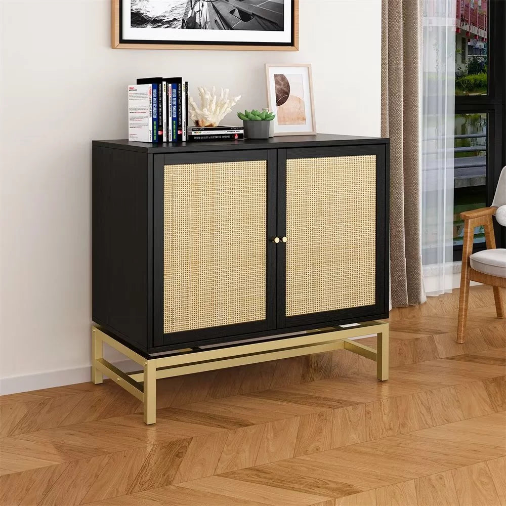 31.5inch Storage Cabinet, Accent Cabinet with Rattan Decorated Doors and 1 Adjustable Inner Shelves, Sideboard Buffet Table for Living Room Hallway and Kitchen, Black