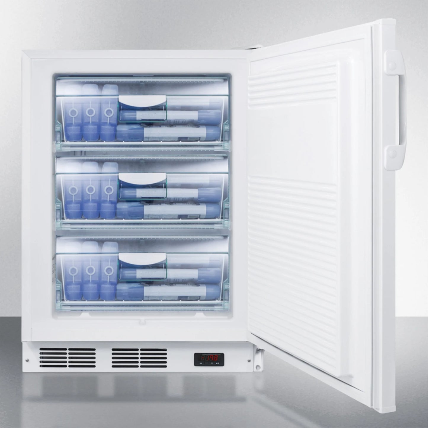 ADA compliant freestanding medical all-freezer capable of -25 C operation, with removable basket drawers and front lock