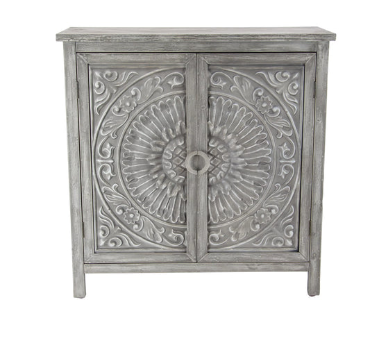 DecMode 39" x 39" Beige Wood Intricately Carved 1 Shelf and 2 Door Floral Cabinet, 1-Piece