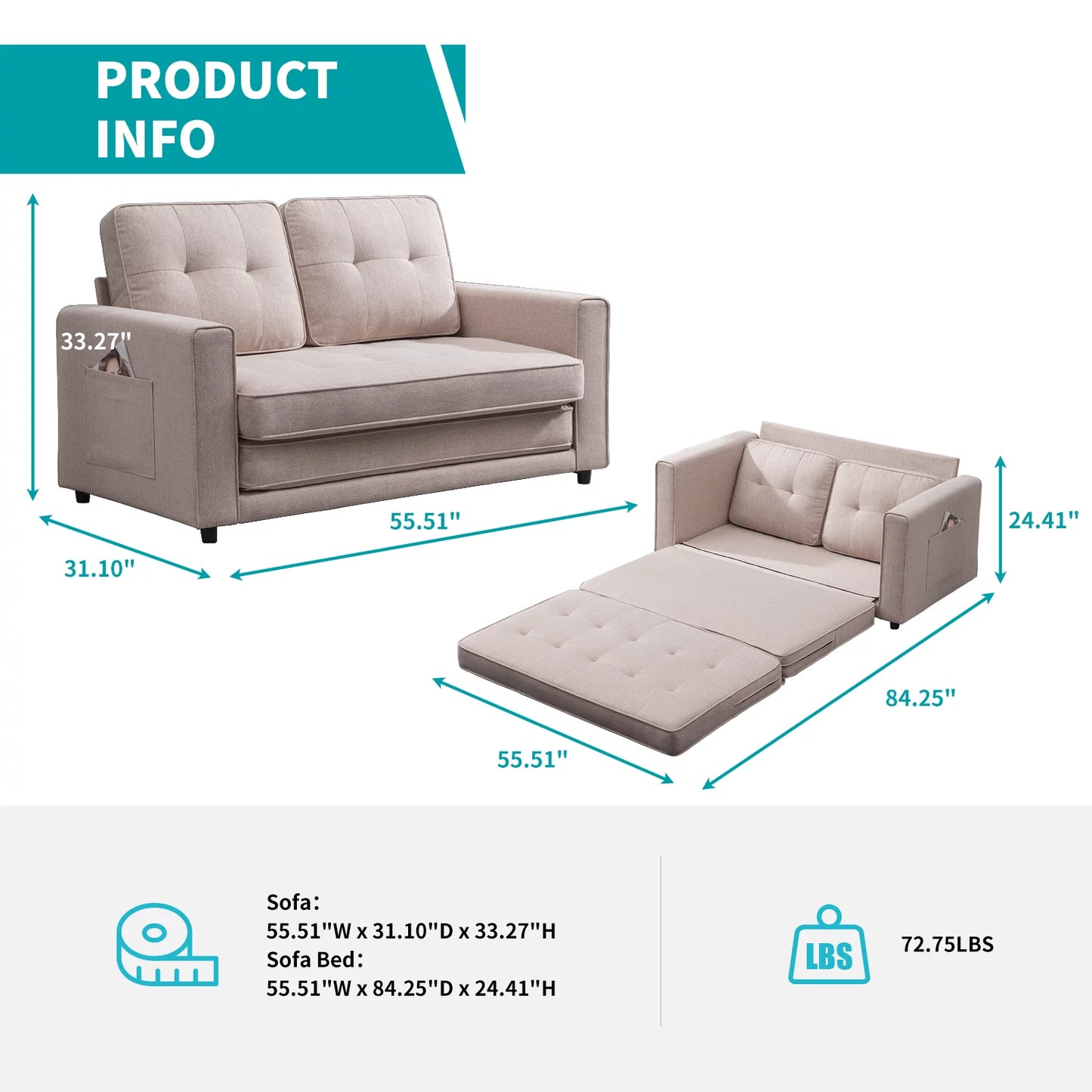 BALUS Sofa Bed, Upholstered Love-seat Couch,futon sofa sleeper, Living room Furniture sofa couch, Pull out sofa bed, Convertible Folding sofa for Living Room, Apartment, Light Grey
