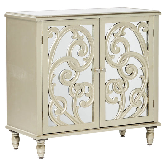 DecMode 31" x 30" Champagne Wood Intricately Carved 1 Shelf and 2 Doors Scroll Cabinet with Mirrored Front, 1-Piece