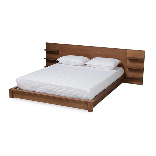 Baxton Studio Elina Walnut Brown Finished Wood King Size Platform Storage Bed with Shelves