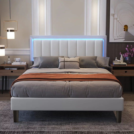 Catrimown King Size Led Bed Frame, Upholstered Modern Bed Frame with with Faux Leather Headboard, No Box Spring Needed, White