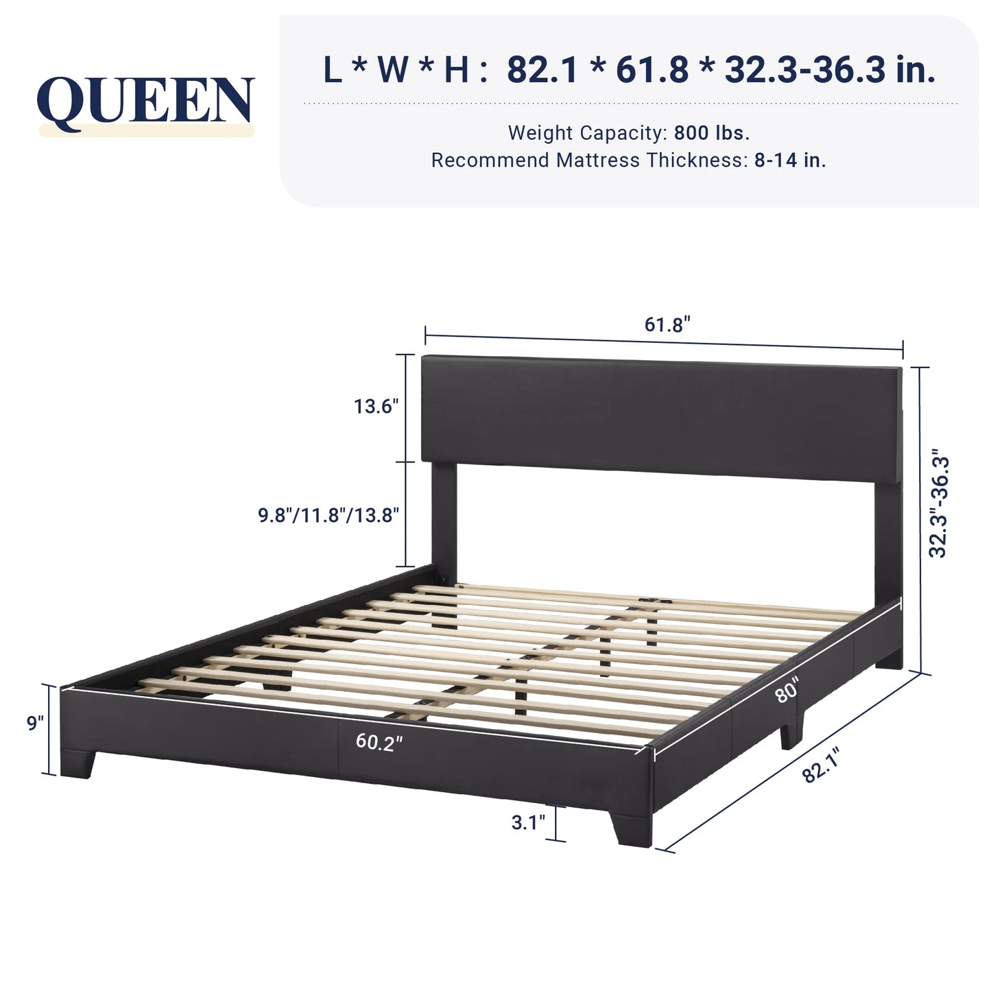 Allewie Queen Size Platform Bed Fame with Upholstered Adjustable Leather Headboard and Wood Slat Support, Black