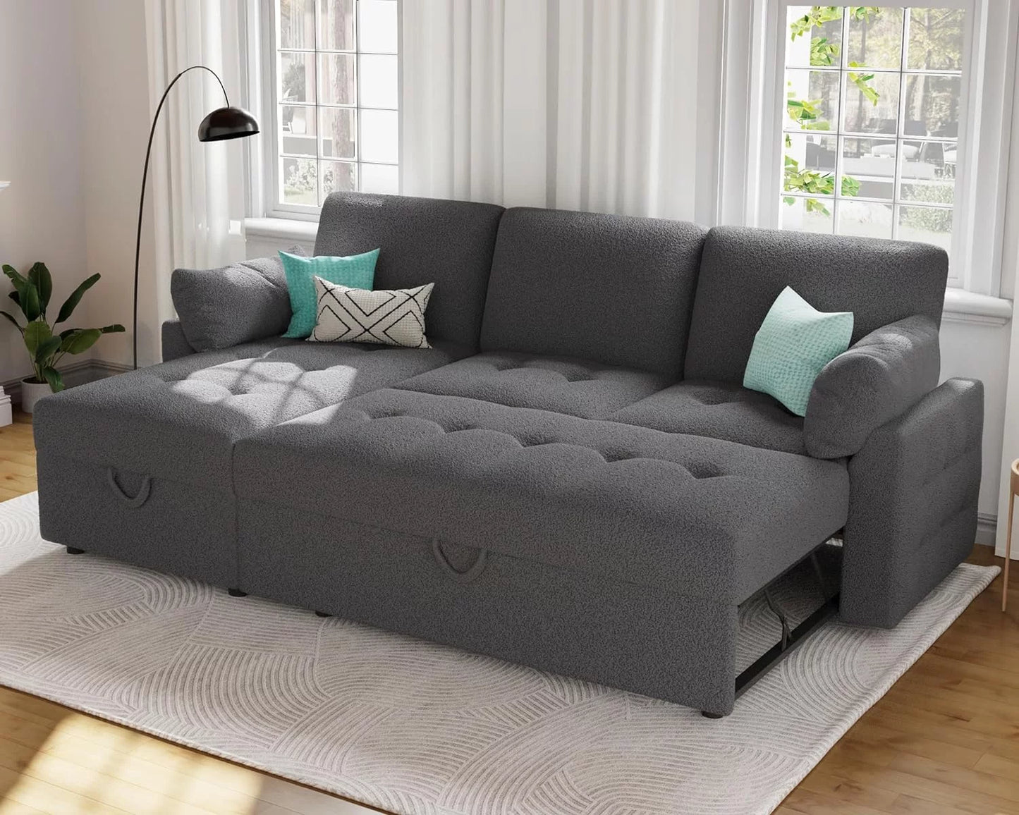 Amerlife 87 Inch Pull Out Sofa Bed, Tufted Sleeper Sofa, L Shaped Couch with Storage Chaise, Chenille Grey