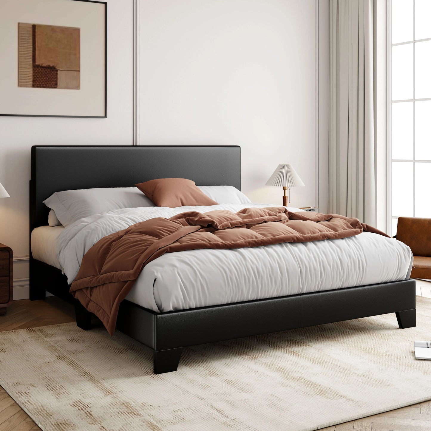 Allewie Queen Size Platform Bed Fame with Upholstered Adjustable Leather Headboard and Wood Slat Support, Black